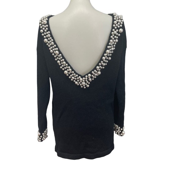 Bimo Womens Small Long Sleeve Deep V Back Sew On Pearl Beads Pullover Sweater - Picture 4 of 7